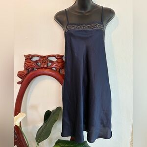 Vintage Jaclyn Smith Navy Blue Chemise Slip Dress with Paisley Embroidered Neck